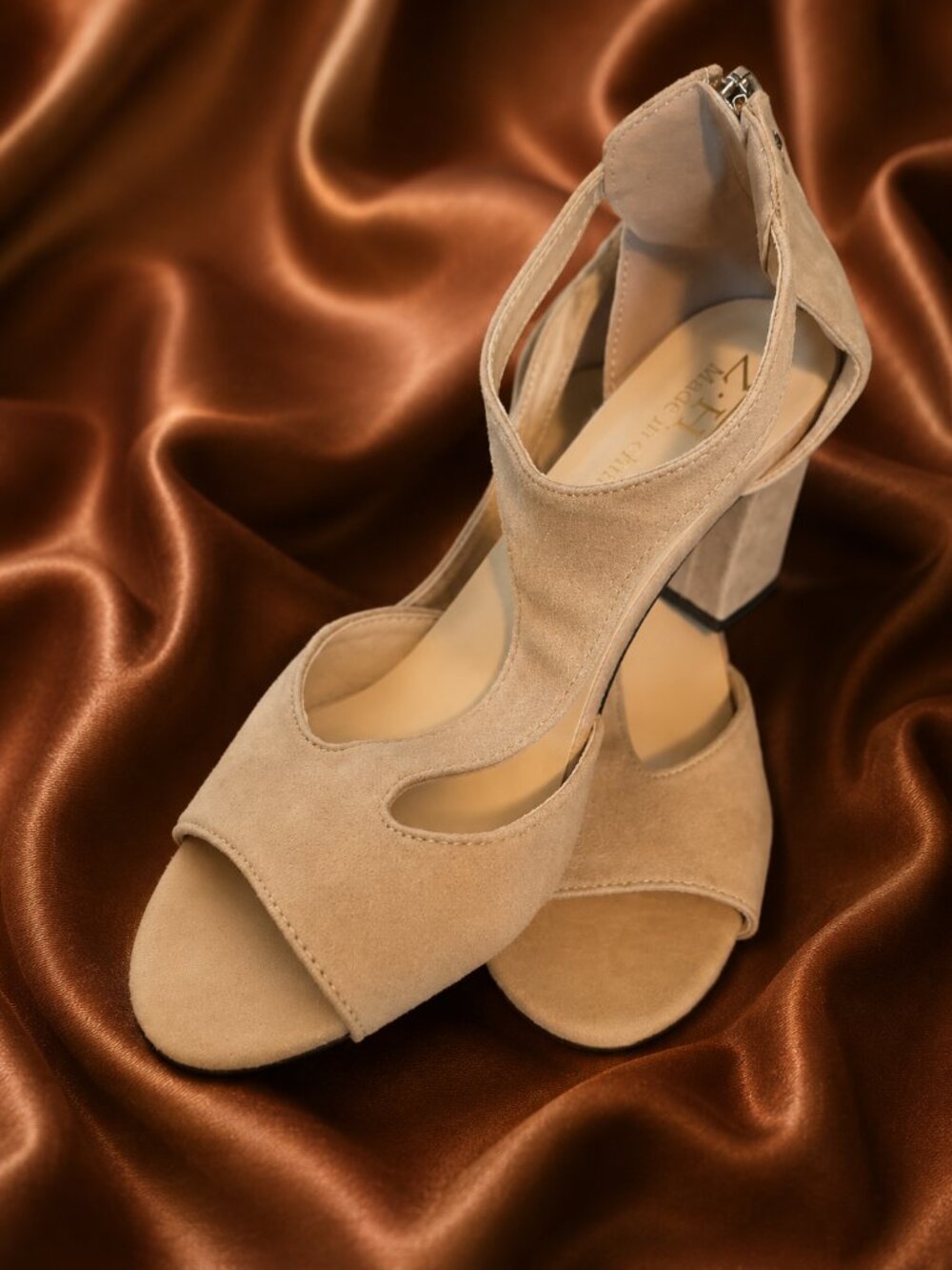 Nude Suede T-Strap Block Heel Sandals - Picture 4 of 13